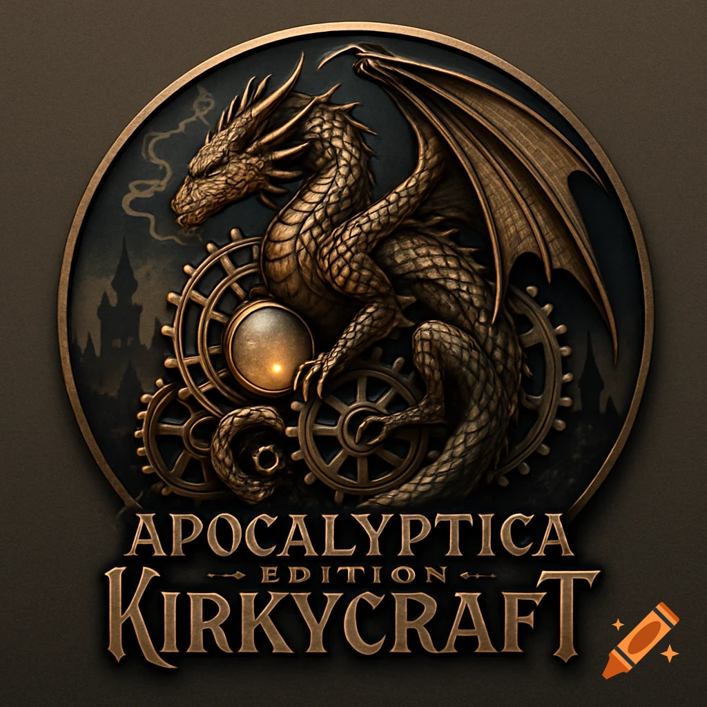 Metallic golden dragon icon with gears, dark background, and text 'Apocalyptica Edition Kirkycraft'.