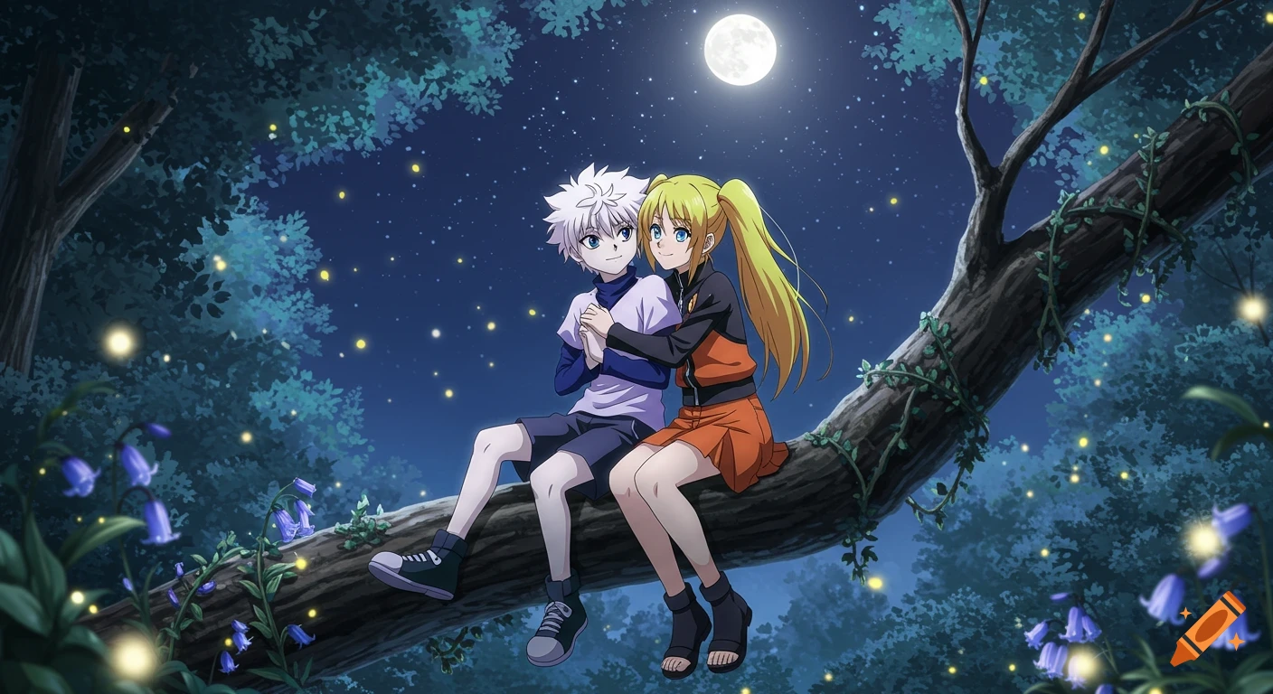 An anime boy with silver hair and a girl with blonde pigtails sit on a tree branch in an enchanted night forest with a full moon and fireflies.