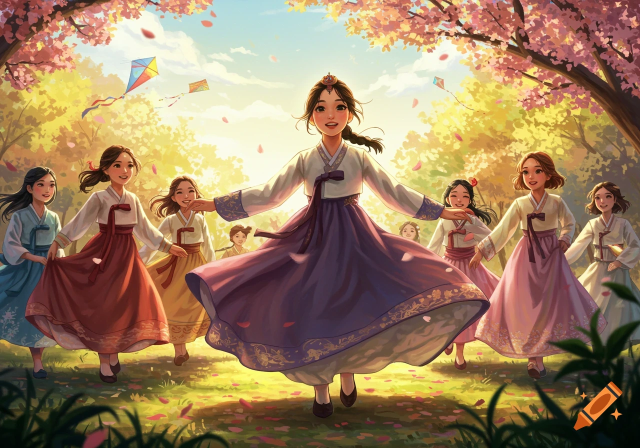 Happy young girls in colorful Hanbok dance joyfully in a sunlit park under cherry blossoms with kites flying, in an illustration style.