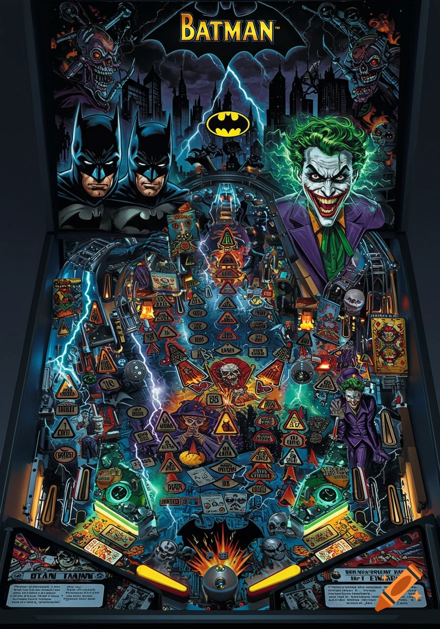 Vibrant comic art style pinball machine featuring Batman and Joker, with detailed playfield, lightning, and city skyline.