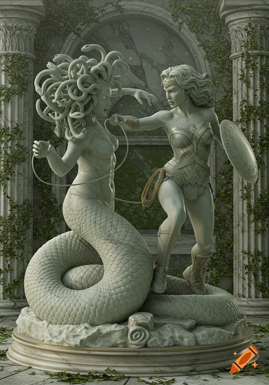Marble statue of Wonder Woman with a shield and lasso fighting a snake-bodied Medusa in overgrown ancient ruins.