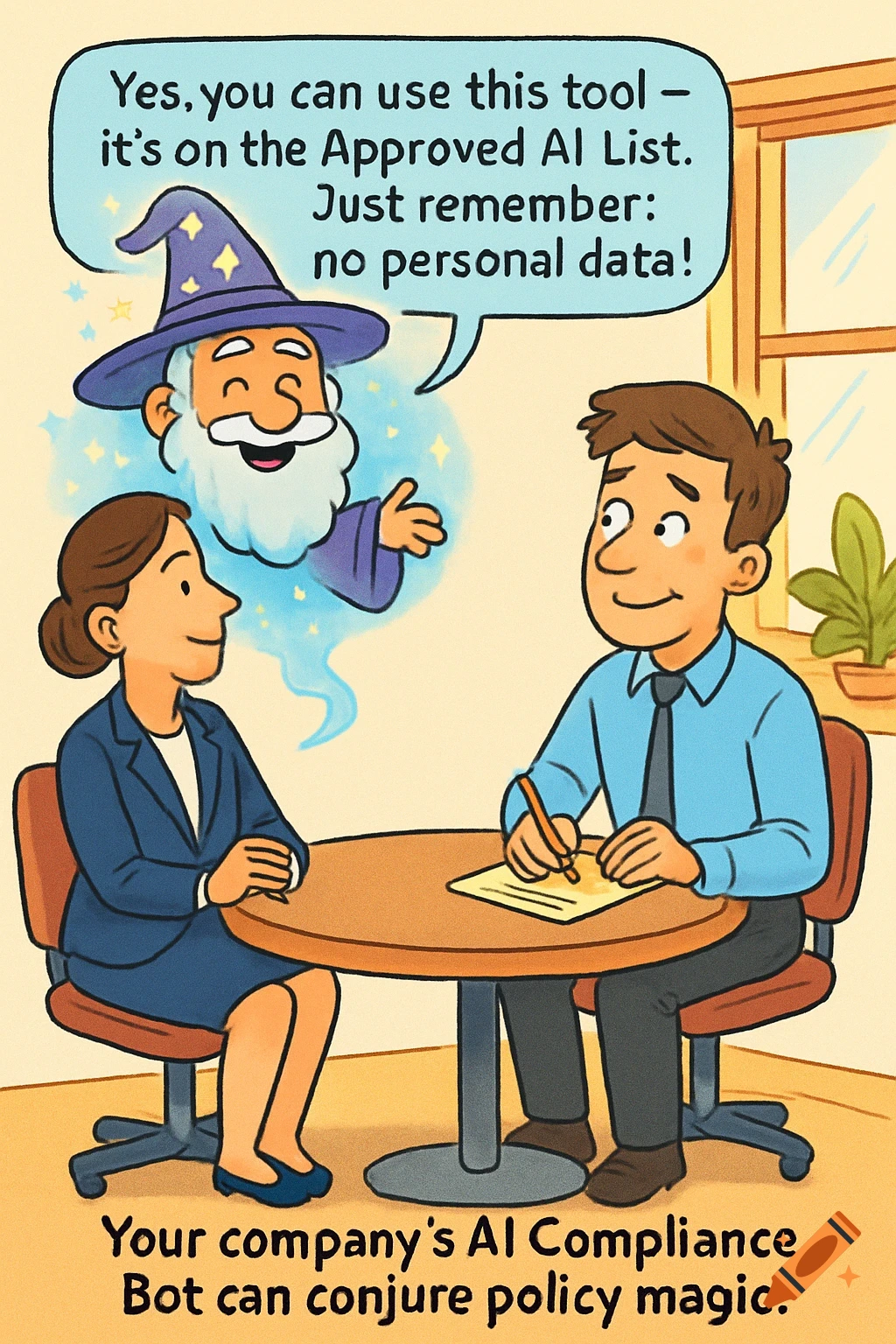 A compliance officer and employee discuss using an AI tool, with a wizard AI avatar speaking from a speech bubble. Cartoon style.
