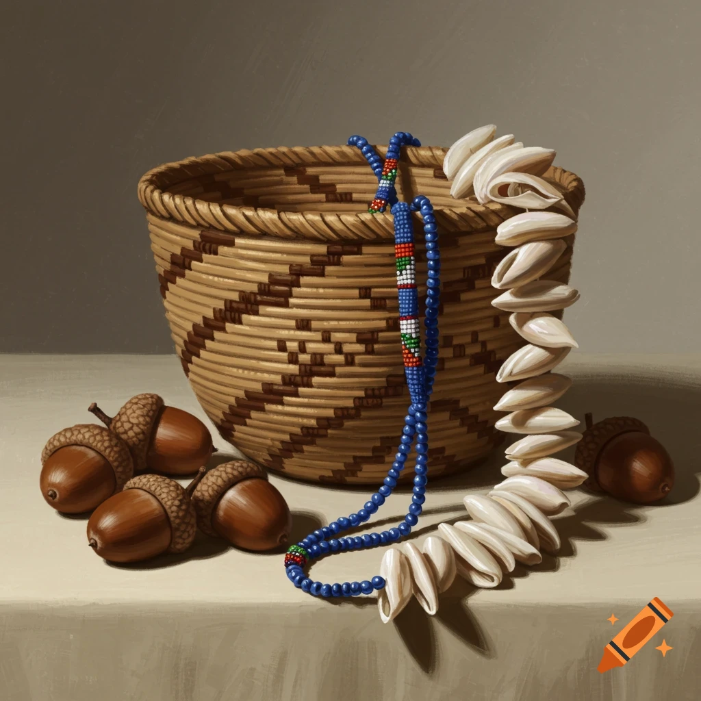 A still life painting featuring a woven Native American basket, several acorns, a blue beaded necklace, and a white shell necklace on a table.