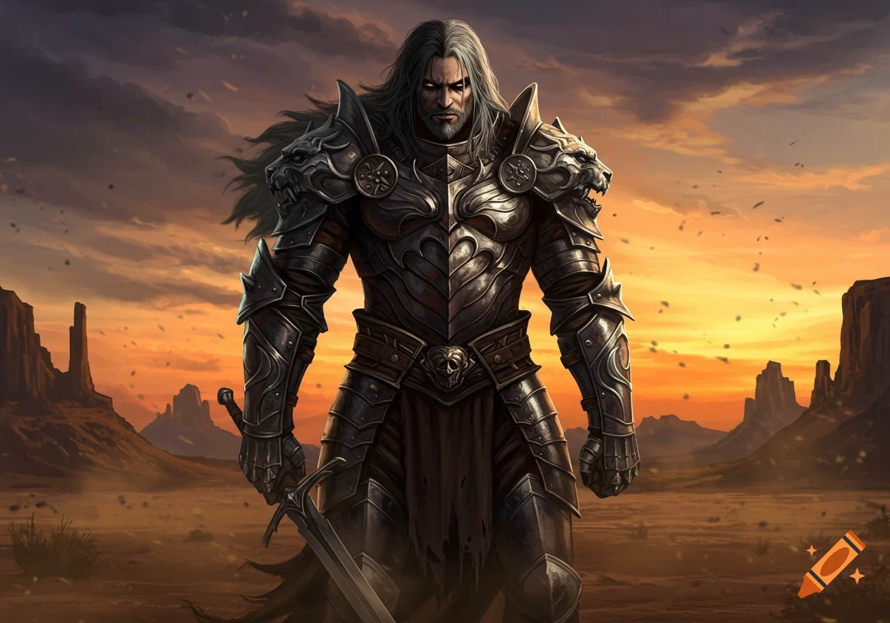 A tall male warrior with long hair and heavy dark armor stands with a sword in a desert landscape at sunset, digital art.