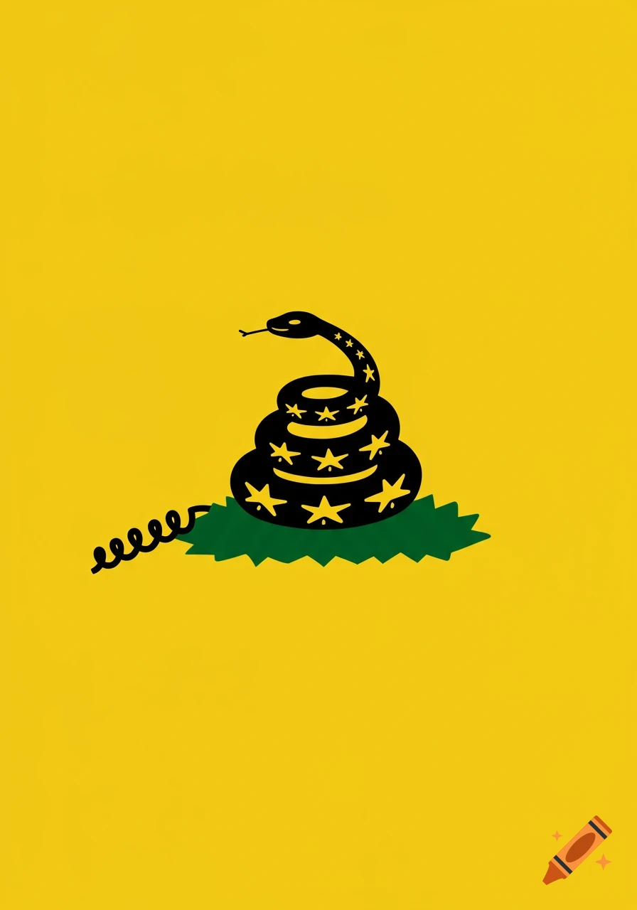 A stylized black coiled snake with yellow stars on a green patch, against a bright yellow background. The snake has a curly tail.