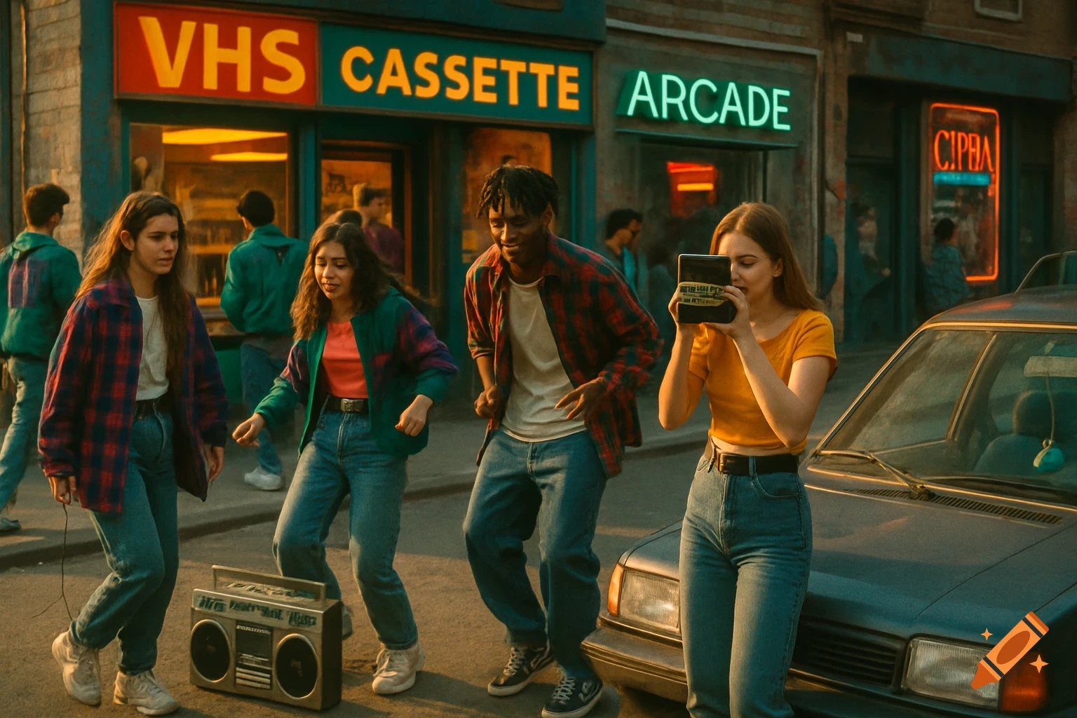 Group of young people in 90s fashion dancing on a street with a boombox, neon signs for "VHS," "CASSETTE," and "ARCADE" in the background.