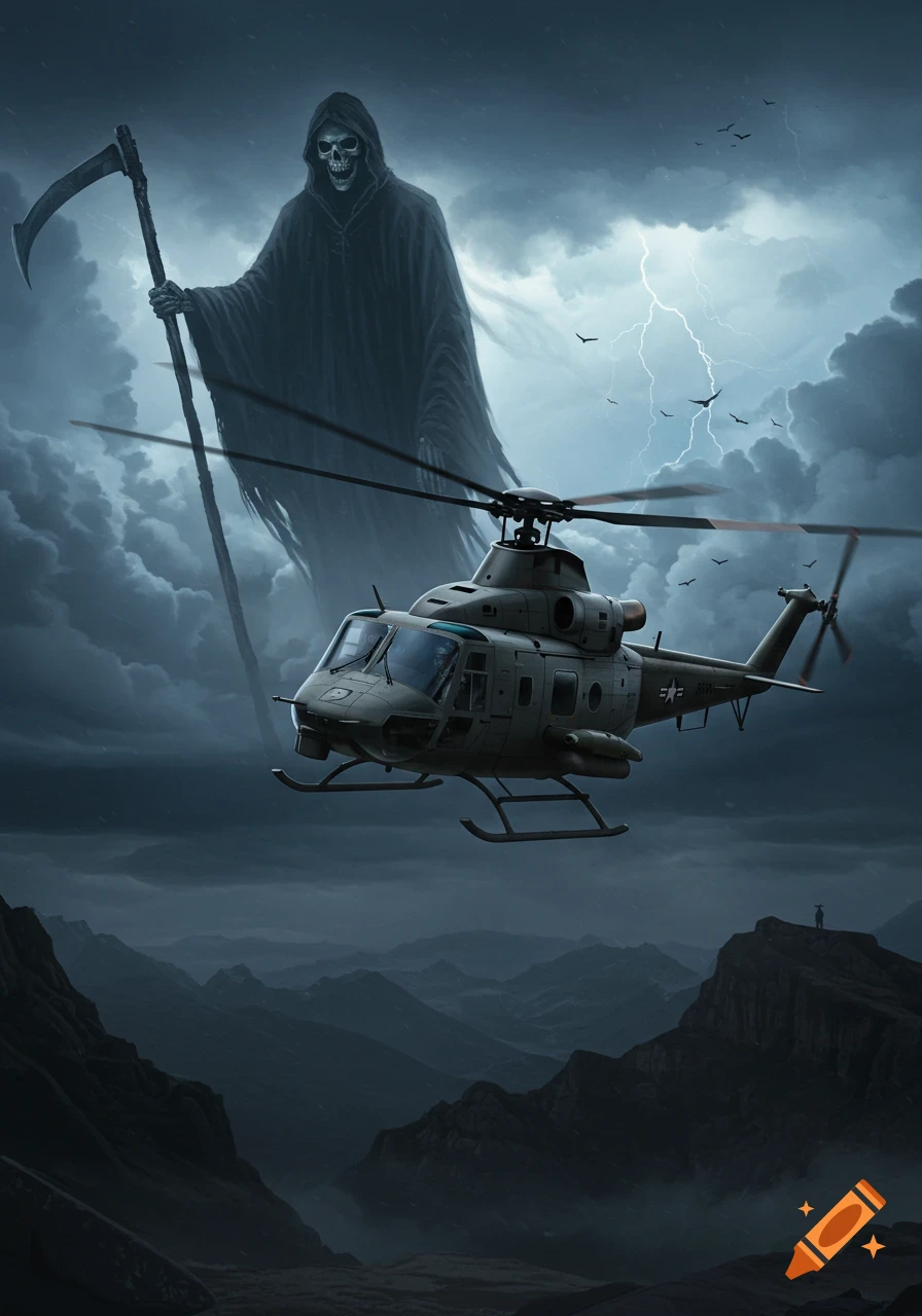 A massive Grim Reaper with a scythe looms over a military helicopter flying through a stormy, lightning-filled sky above a dark mountain range. A small figure stands on a distant peak.
