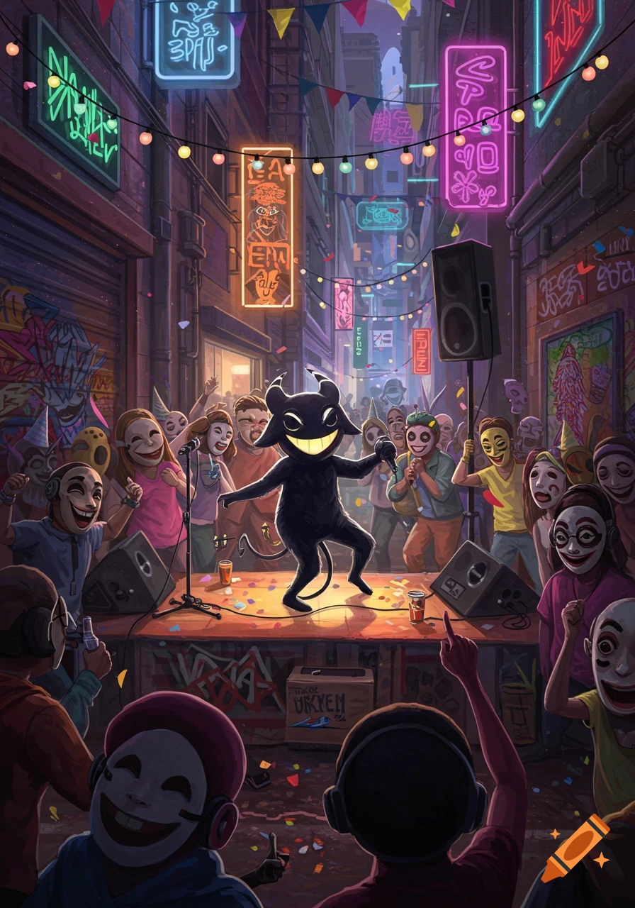 A cartoonish black devil-like creature performs on a stage in a vibrant, neon-lit city alley, surrounded by a cheering crowd wearing white masks.