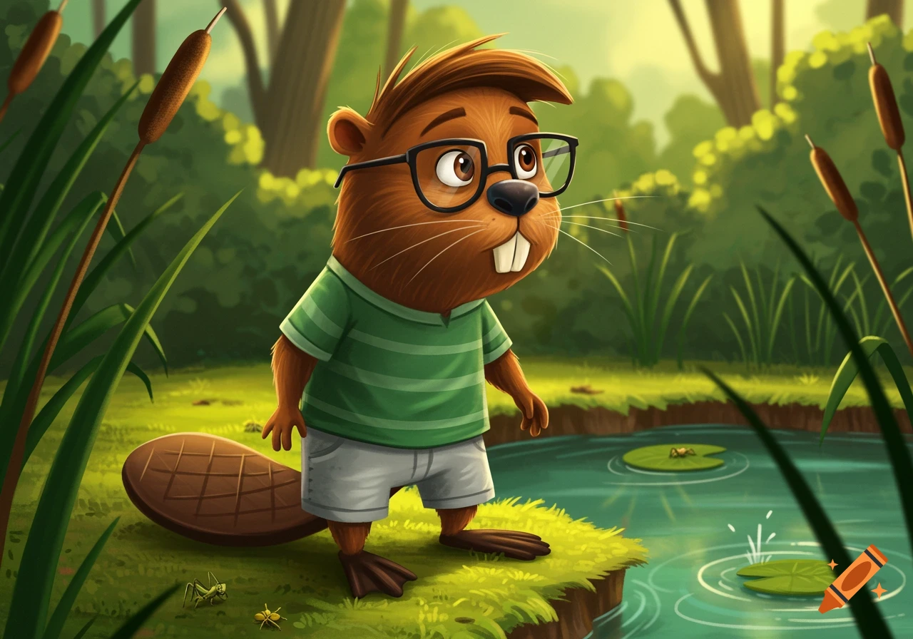 A cartoon beaver with glasses, a green striped shirt, and grey shorts stands by a pond with lily pads in a lush, green forest.