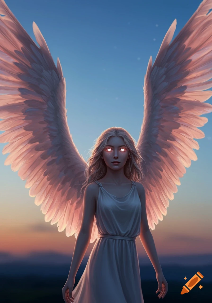 An angelic woman with large white wings and glowing eyes stands against a sunset sky in a digital art style.
