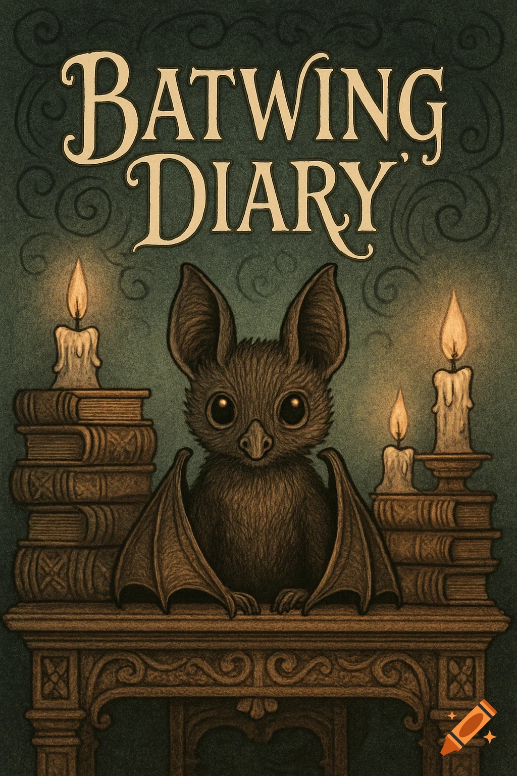 Gothic illustration of a cute bat on a mantle between stacks of books and lit candles, with 'BATWING DIARY' above.