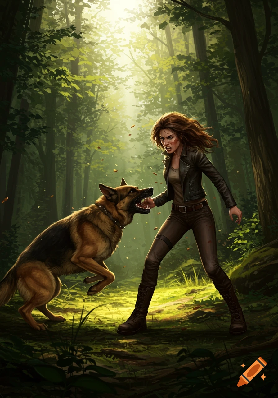 A woman in a leather jacket defends against an aggressive German Shepherd in a sunlit forest. Detailed illustration.