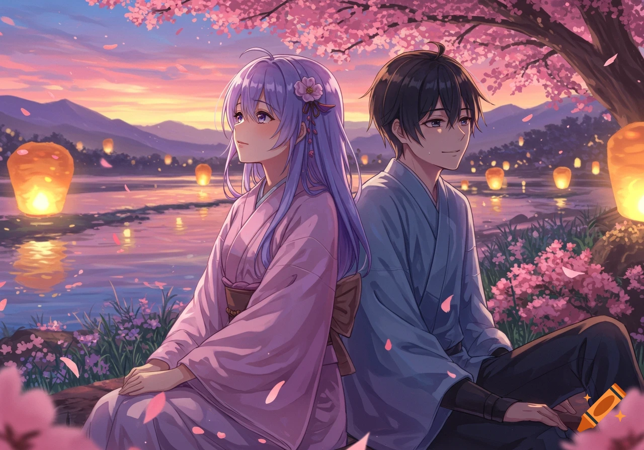 Anime couple in kimonos sitting back-to-back by a lake under cherry blossoms with sky lanterns at sunset.