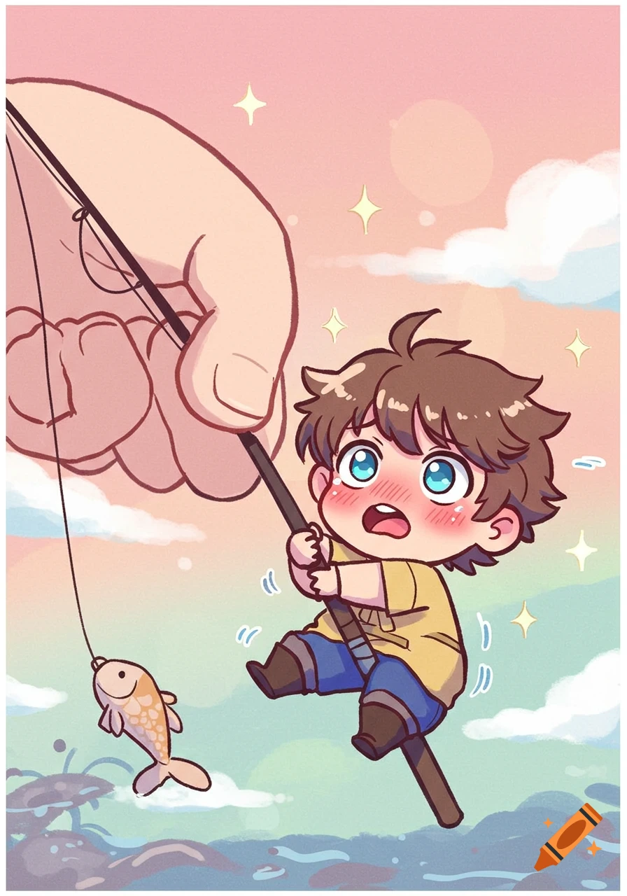A panicking chibi character holds a fishing rod with a giant hand, catching a small fish in a cartoon style.