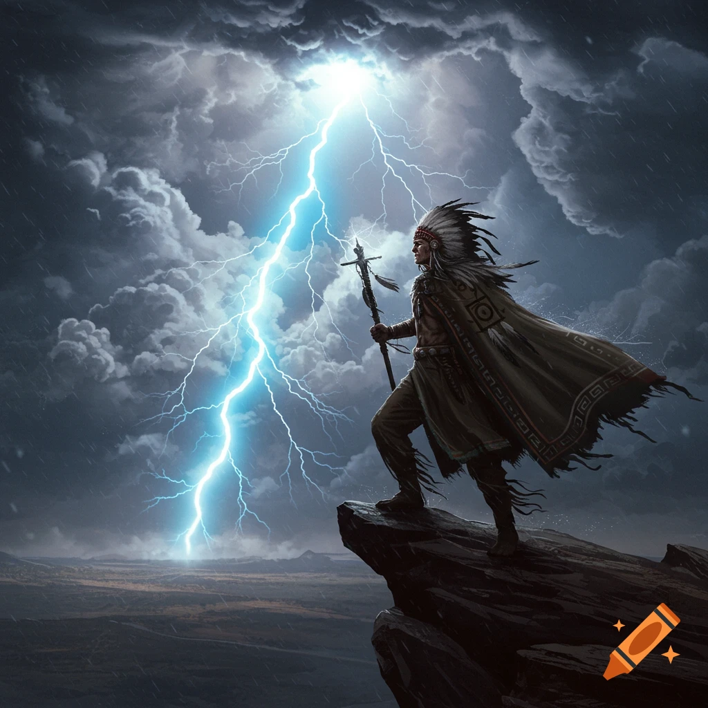 A chief in a feathered headdress stands on a cliff, staff in hand, silhouetted against a dramatic lightning strike and stormy sky.