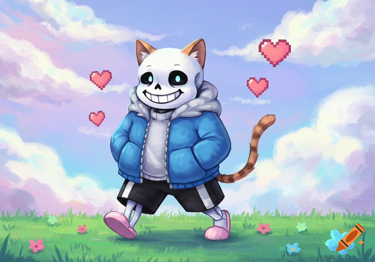 Cartoon Sans from Undertale as a cat with ears and tail, walking in a grassy field with pixel hearts in the sky.