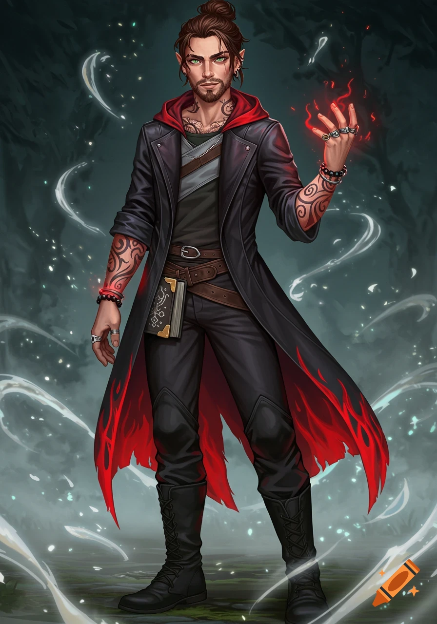 Illustrated fantasy wizard with brown hair in a bun, beard, green eyes, and tattoos, wearing a black trench coat with red flames, casting a fiery spell.