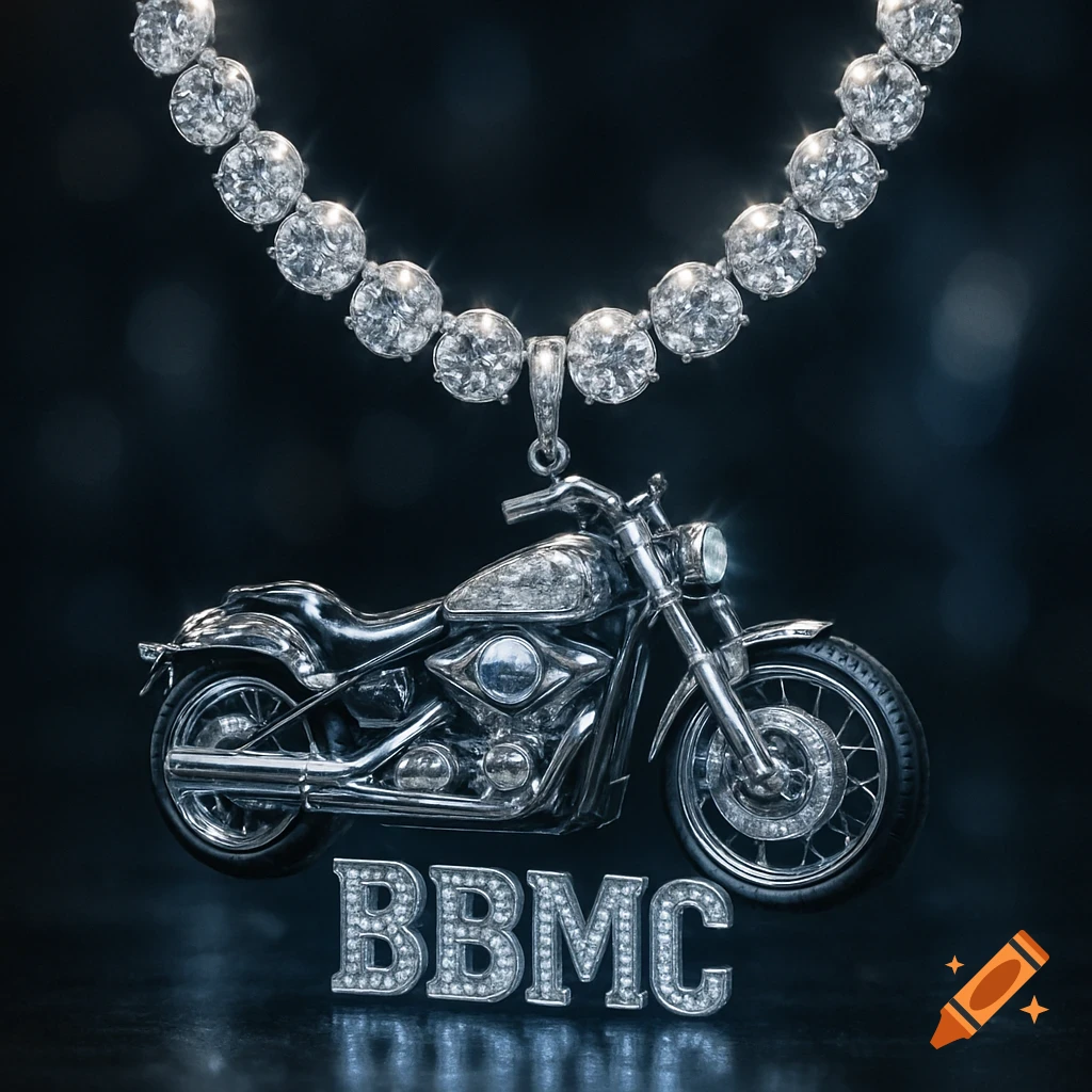 Diamond chain necklace with a sparkling motorcycle pendant and 'BBMC' letters, against a dark background.