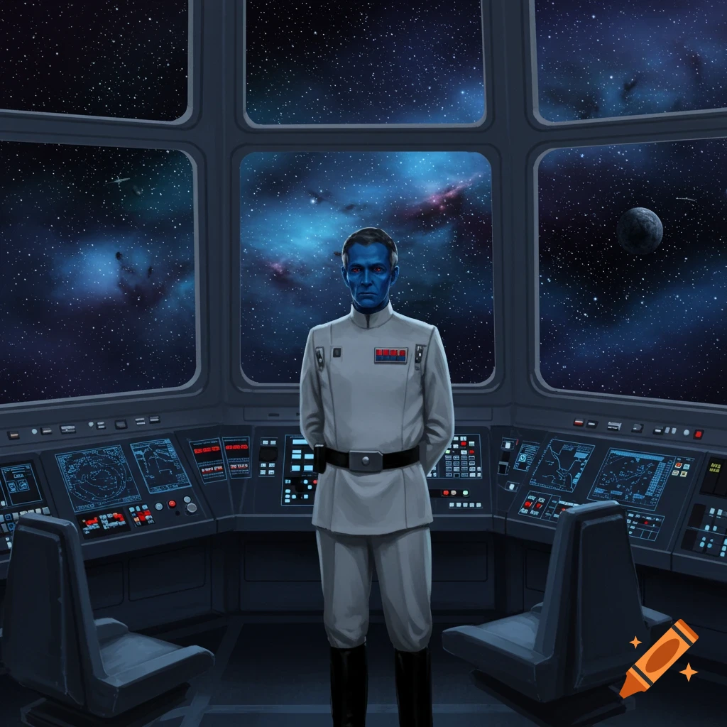 Grand Admiral Thrawn, a blue-skinned man in a white uniform, stands in a spaceship cockpit overlooking space with stars and a planet.