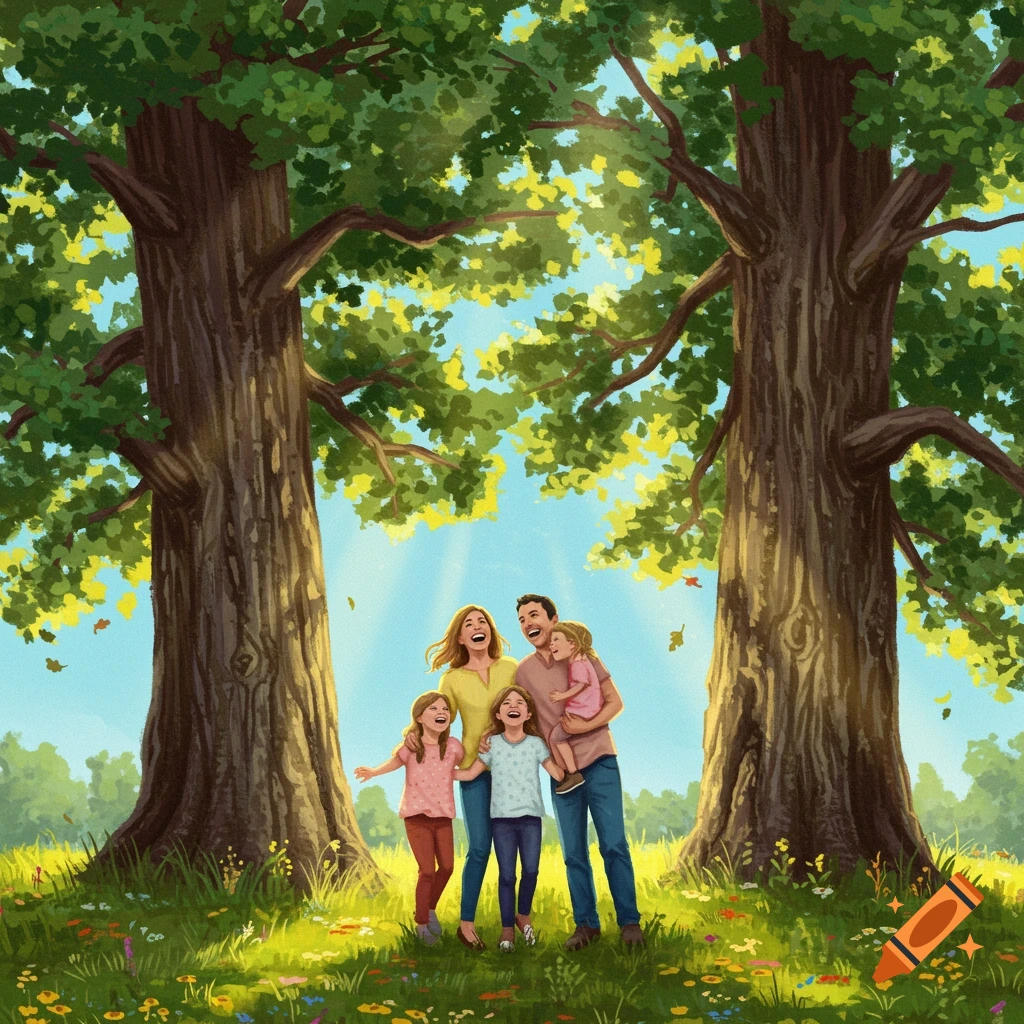 Happy family of five smiling under two large trees in a sunny, green field with wildflowers, digital illustration.