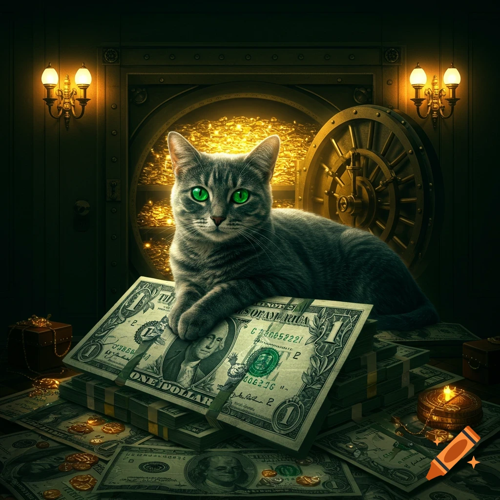 A gray tabby cat with glowing green eyes rests on a stack of US dollar bills in front of an open vault full of gold.