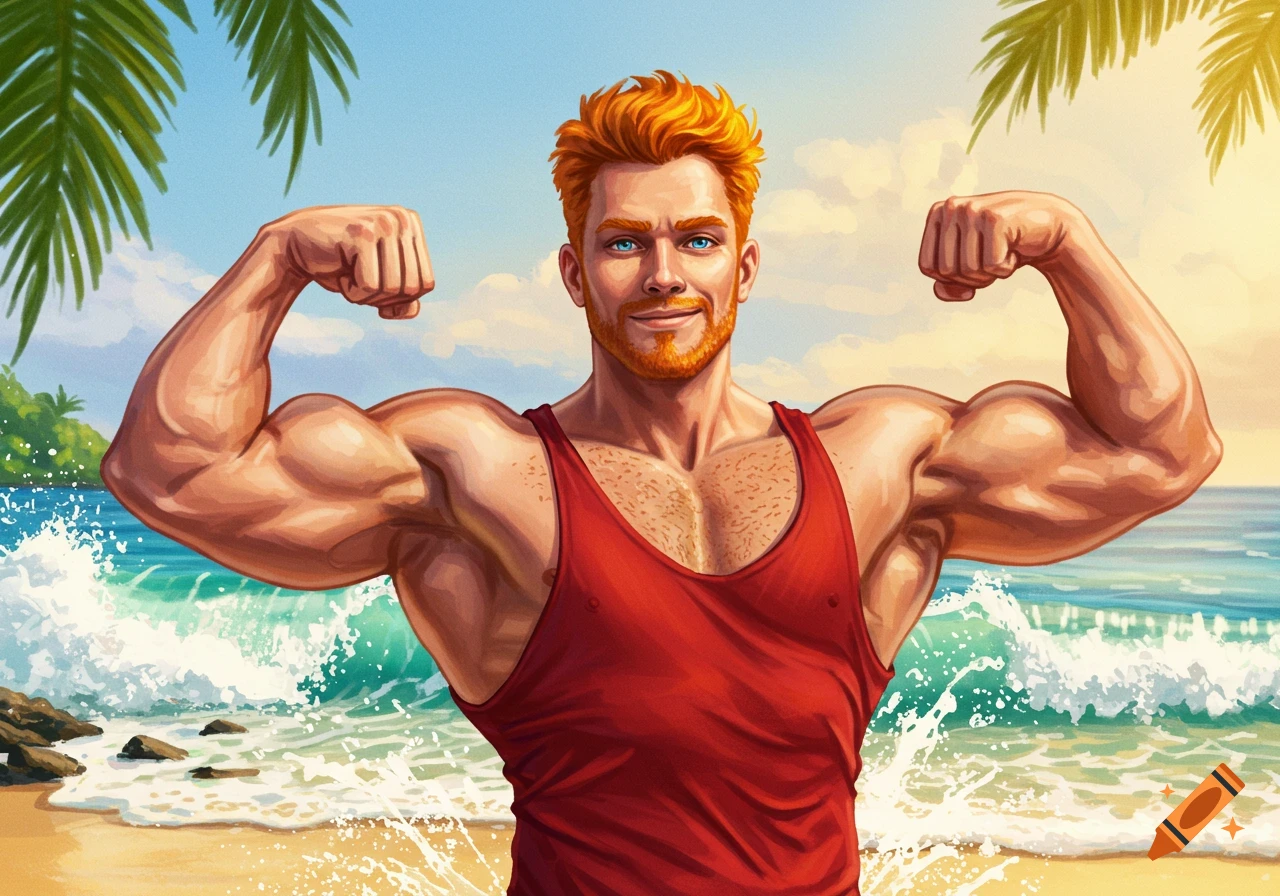 An illustration of a muscular, red-haired man flexing his biceps on a sunny tropical beach.