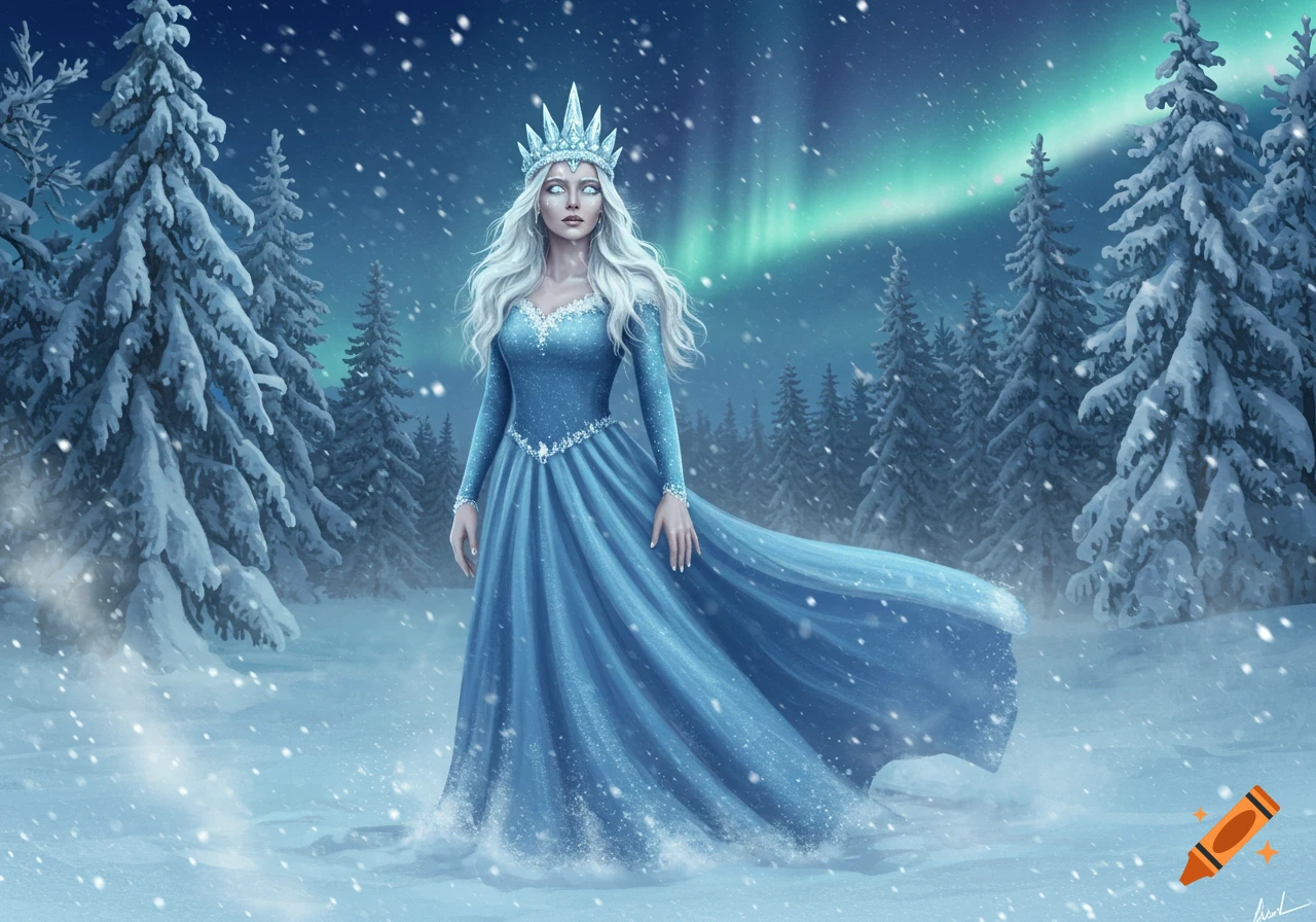 A majestic Snow Queen in a shimmering blue gown and icy crown stands in a snowy forest under the aurora borealis.