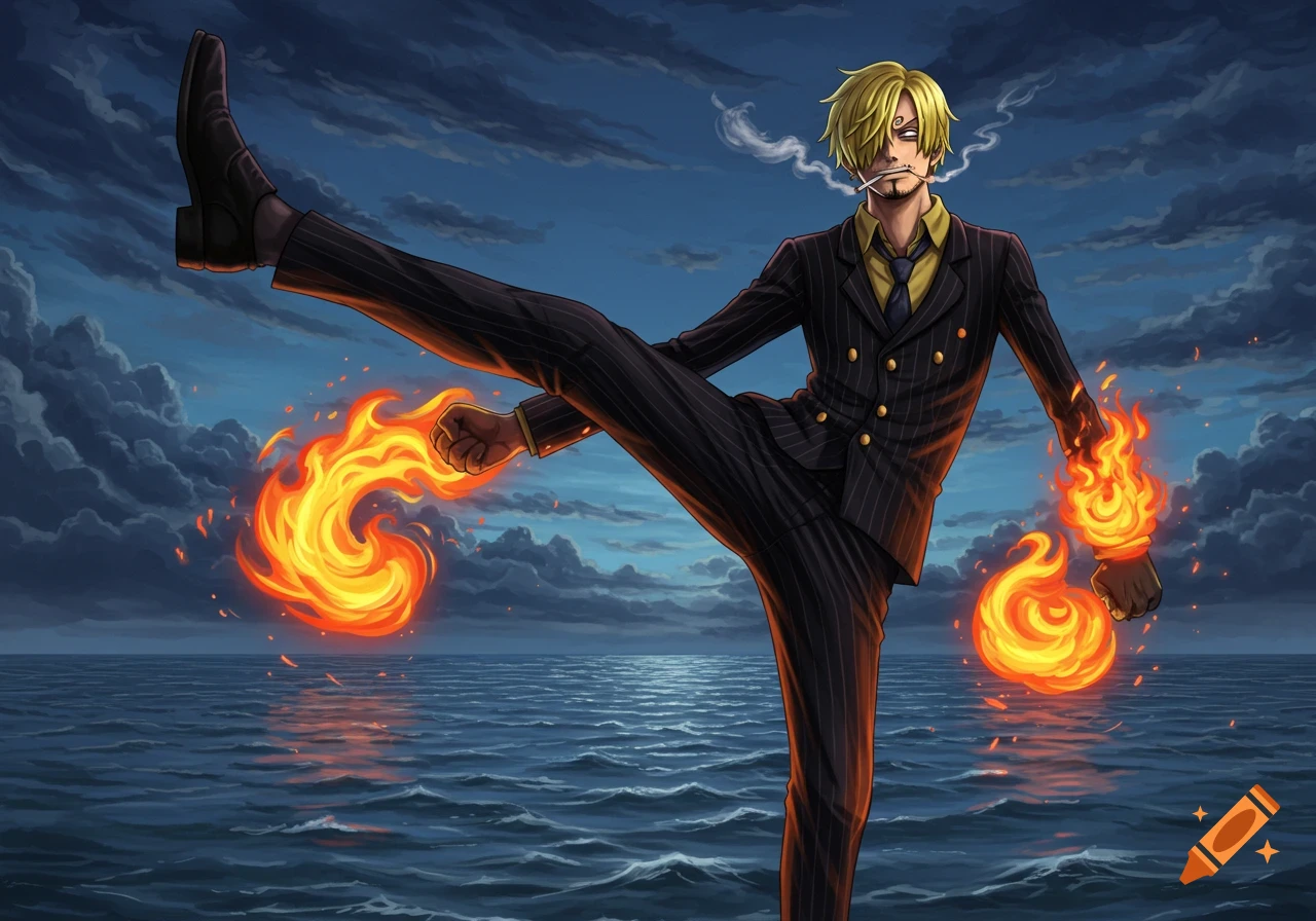 Anime illustration of Sanji from One Piece in a black suit, smoking, kicking with fire on his hands and foot, against a dark ocean and cloudy sky.
