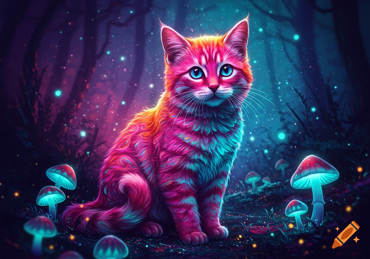 A psychedelic cat with bright blue eyes, vibrant pink and orange fur, sits in a dark, glowing fantasy forest with luminous mushrooms.
