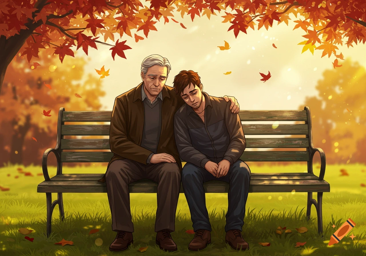 Illustration of an older man comforting a younger man on a park bench during autumn, with falling red and orange leaves.