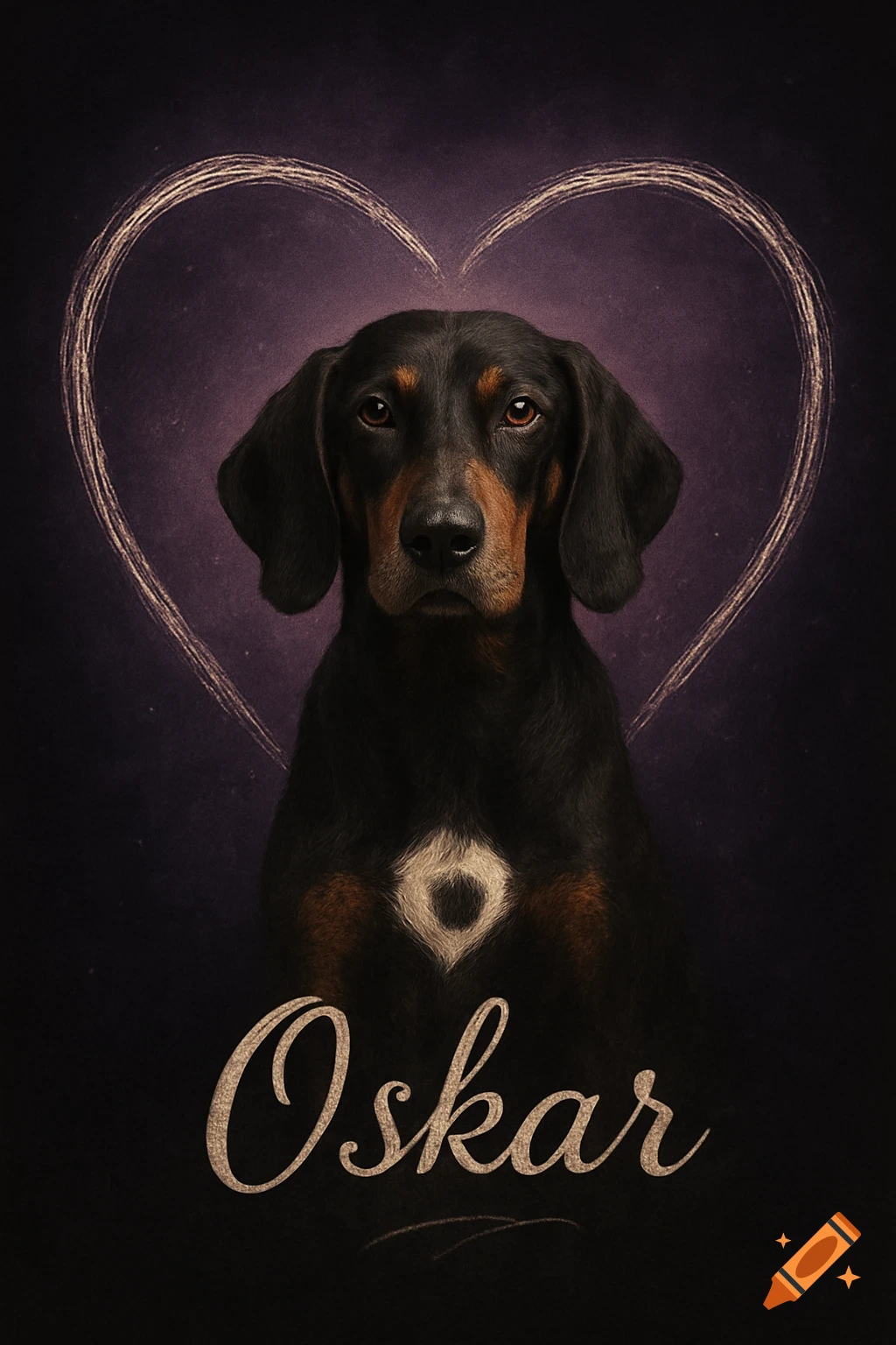 A portrait of a black and tan Transylvanian coonhound named Oskar with a white 'O' shaped spot on its chest, against a dark purple background with a heart outline and his name in cursive.