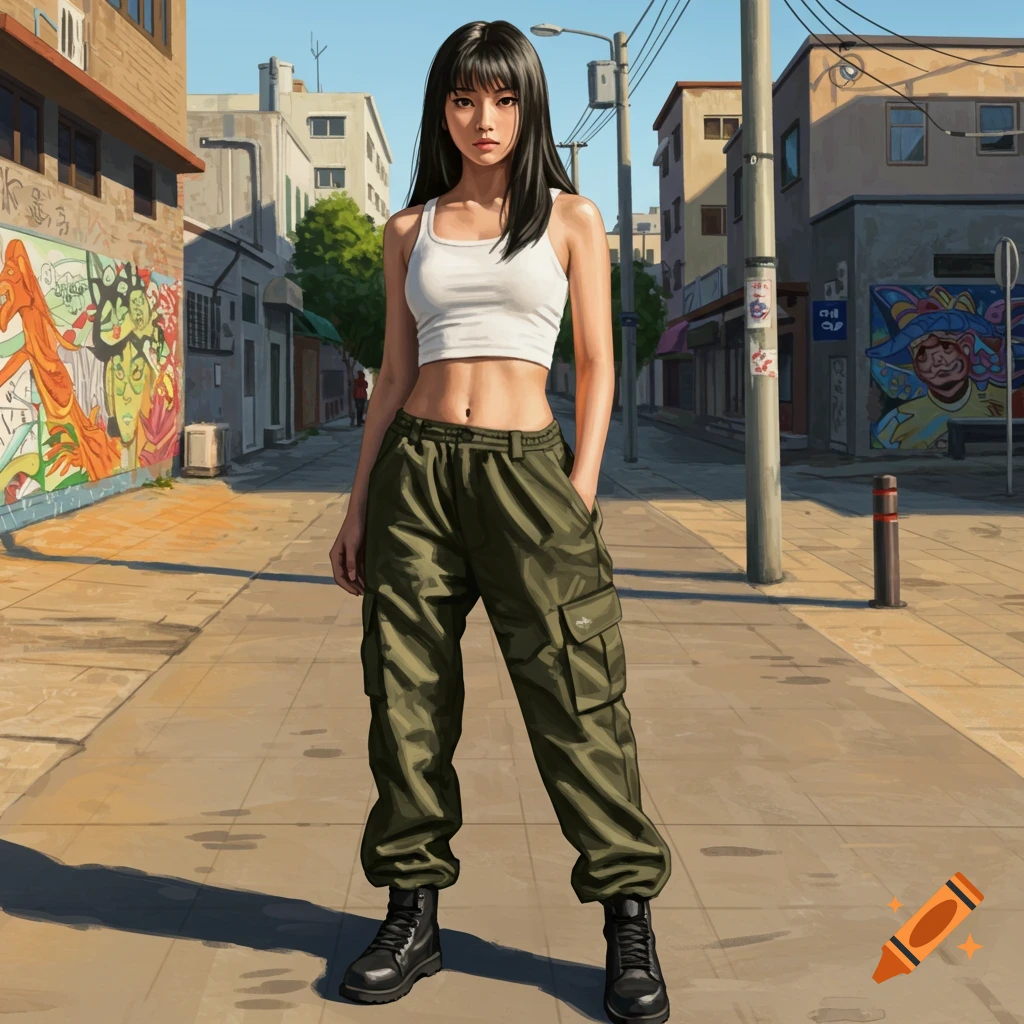 A young woman with long black hair, wearing a white crop top, baggy green cargo pants, and black boots, stands in an urban alley with graffiti.