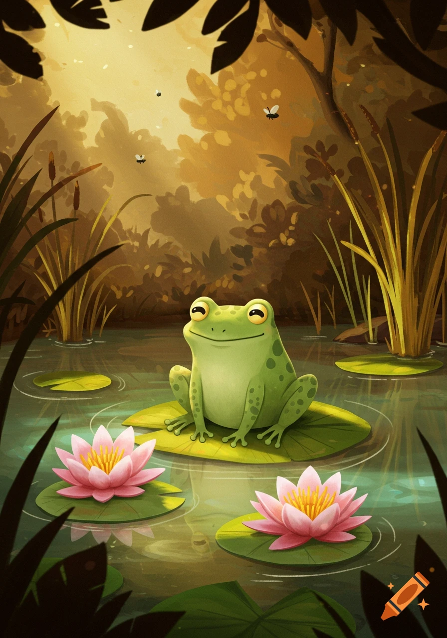 A cute green frog with a happy expression sits on a lily pad in a pond with pink water lilies, surrounded by lush plants.