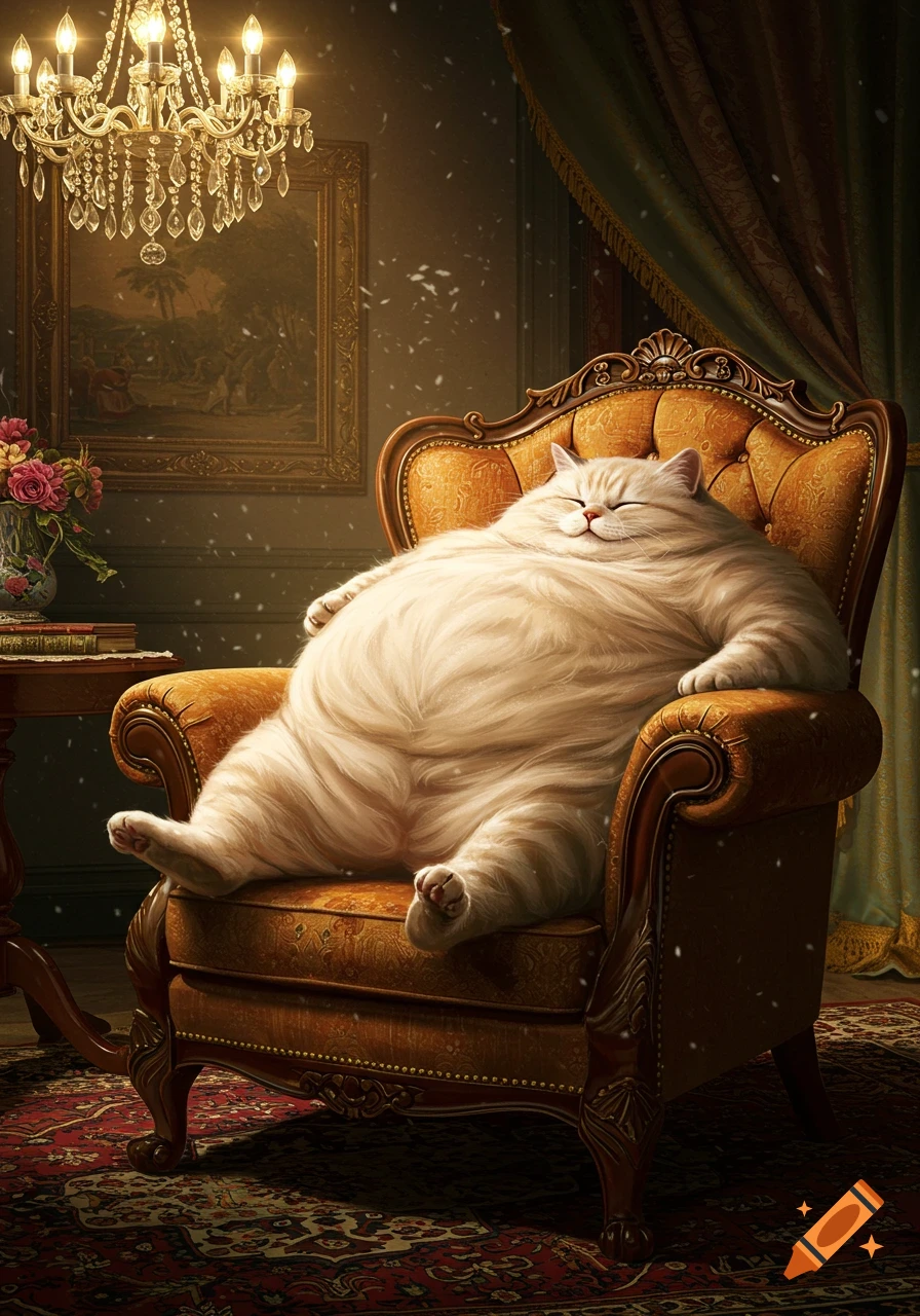 A very fluffy, fat white cat reclines blissfully in an ornate gold armchair within a luxurious room with a chandelier and painting.