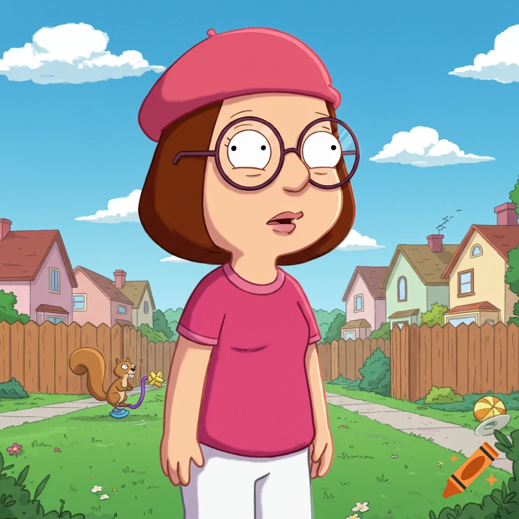 Cartoon of Meg Griffin from Family Guy standing in a suburban neighborhood with houses, fences, and a squirrel playing in the grass.