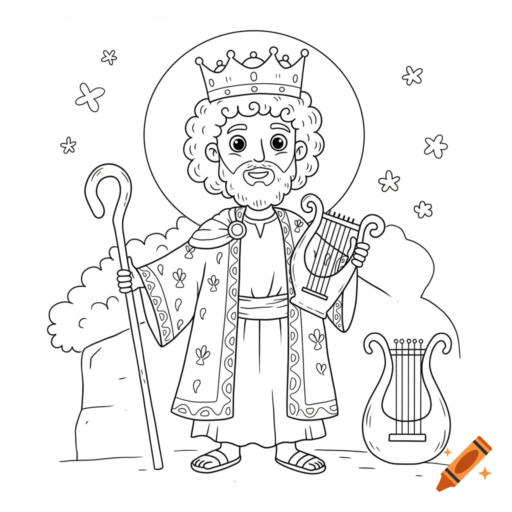 Black and white cartoon line art of King David wearing a crown and robe, holding a shepherd's staff and a lyre.