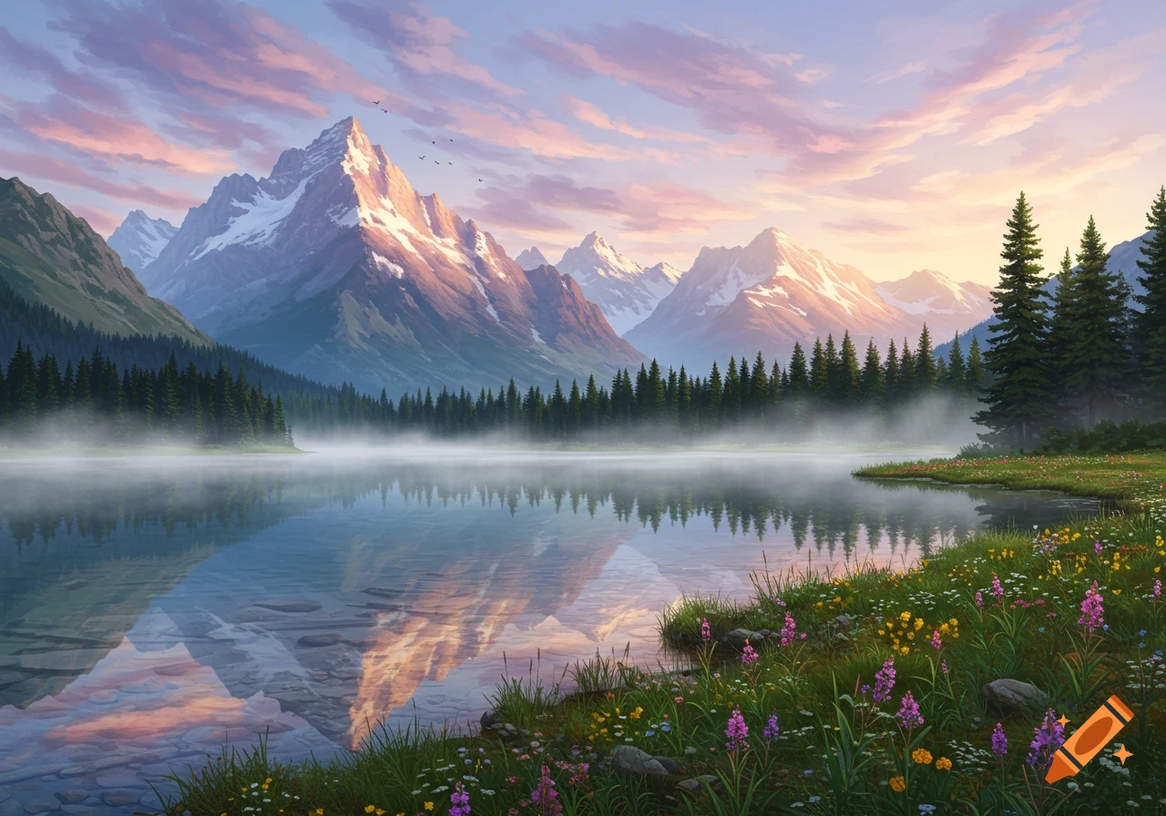 Snow-capped mountains reflect in a misty lake surrounded by pine forests and wildflowers under a vibrant sunrise sky.