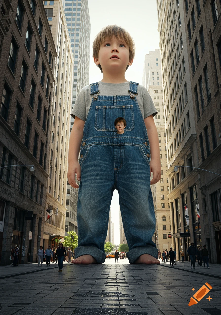 A giant boy in denim overalls stands barefoot in a bustling city street, looking up. A tiny man peeks from his bib pocket.