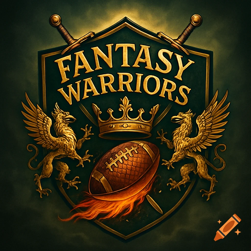 Ornate fantasy football logo featuring a shield, griffins, swords, crown, and a flaming football, with 'FANTASY WARRIORS' text.
