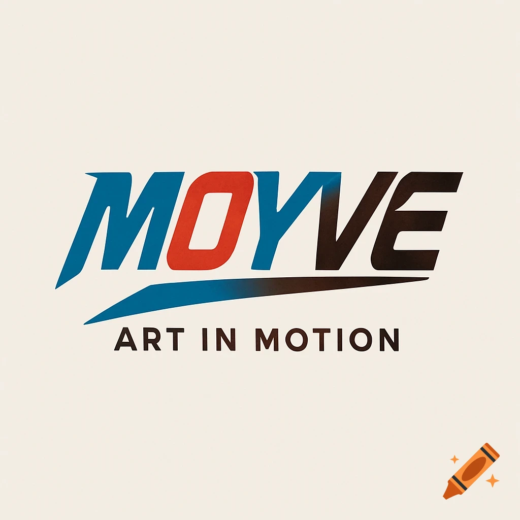 Minimalist streetwear logo with "MOYVE" in blue and red, and "ART IN MOTION" below, on a light background.