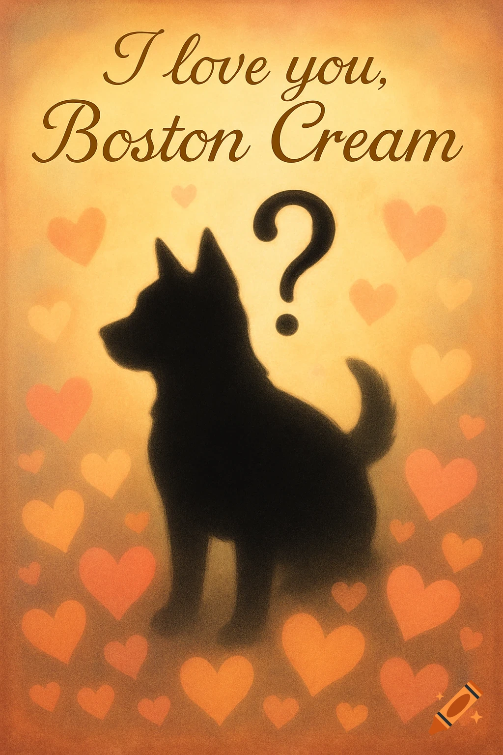 Black dog silhouette with a question mark, surrounded by hearts on an orange background. Text: "I love you, Boston Cream".