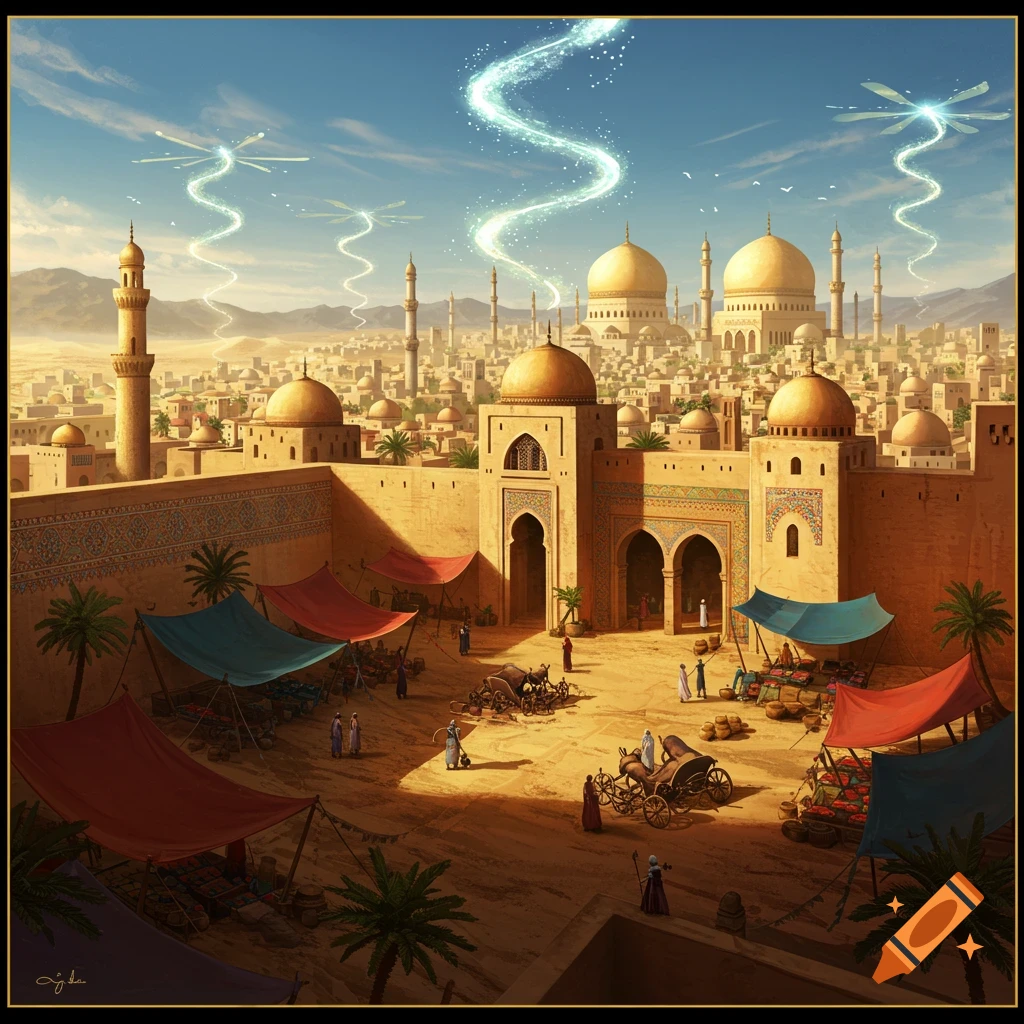 A bustling Arabian fantasy city market with ornate domes, minarets, and glowing magical propellers in the sky.