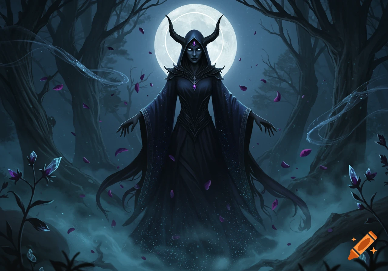 A dark fantasy illustration of a horned witch with glowing eyes and a long black robe, standing in a moonlit forest with falling purple petals.