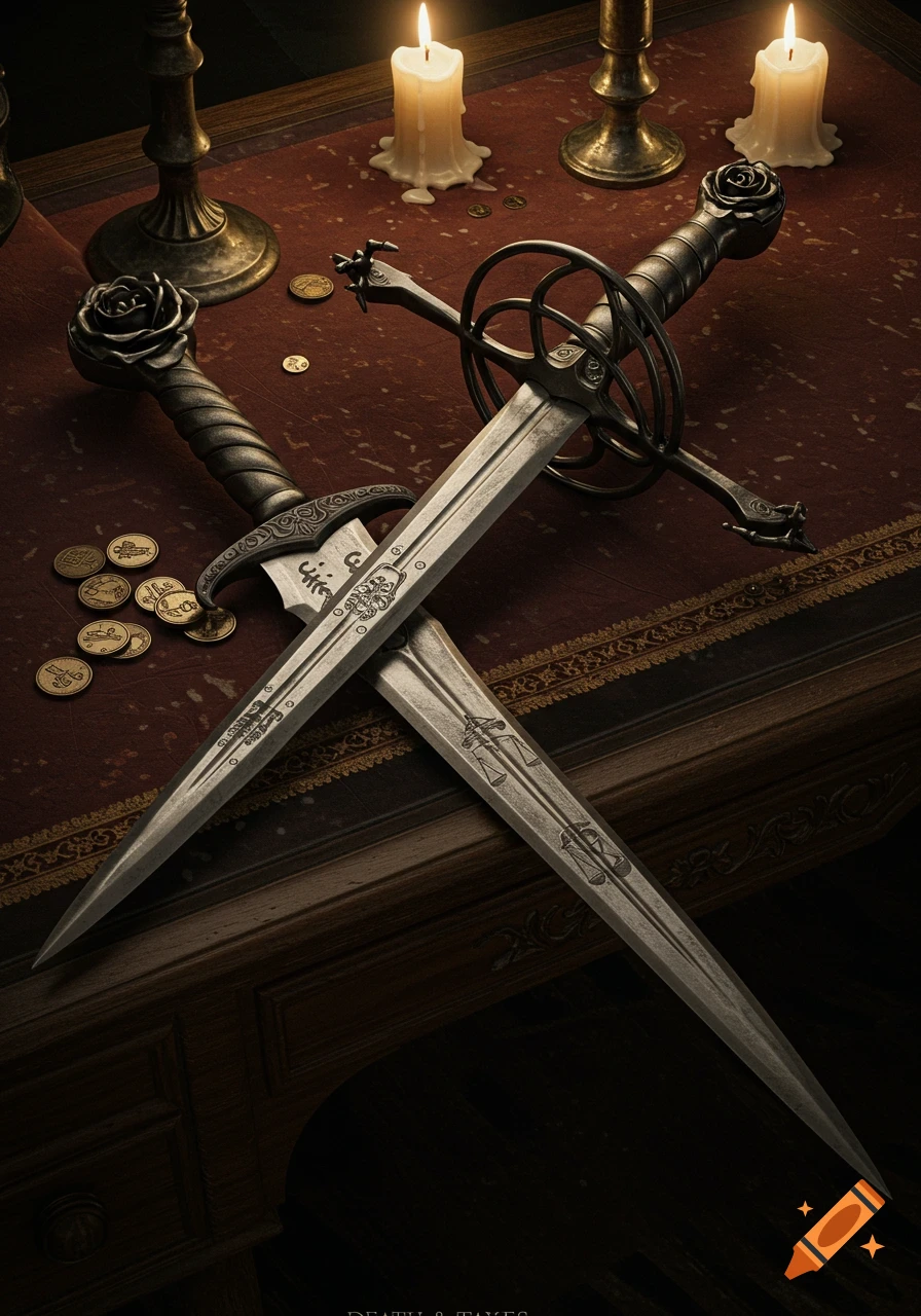 Two ornate swords, a rapier and a dagger, crossed on a dark, red velvet table with scattered gold coins and lit candles, with "DEATH & TAXES" written below.