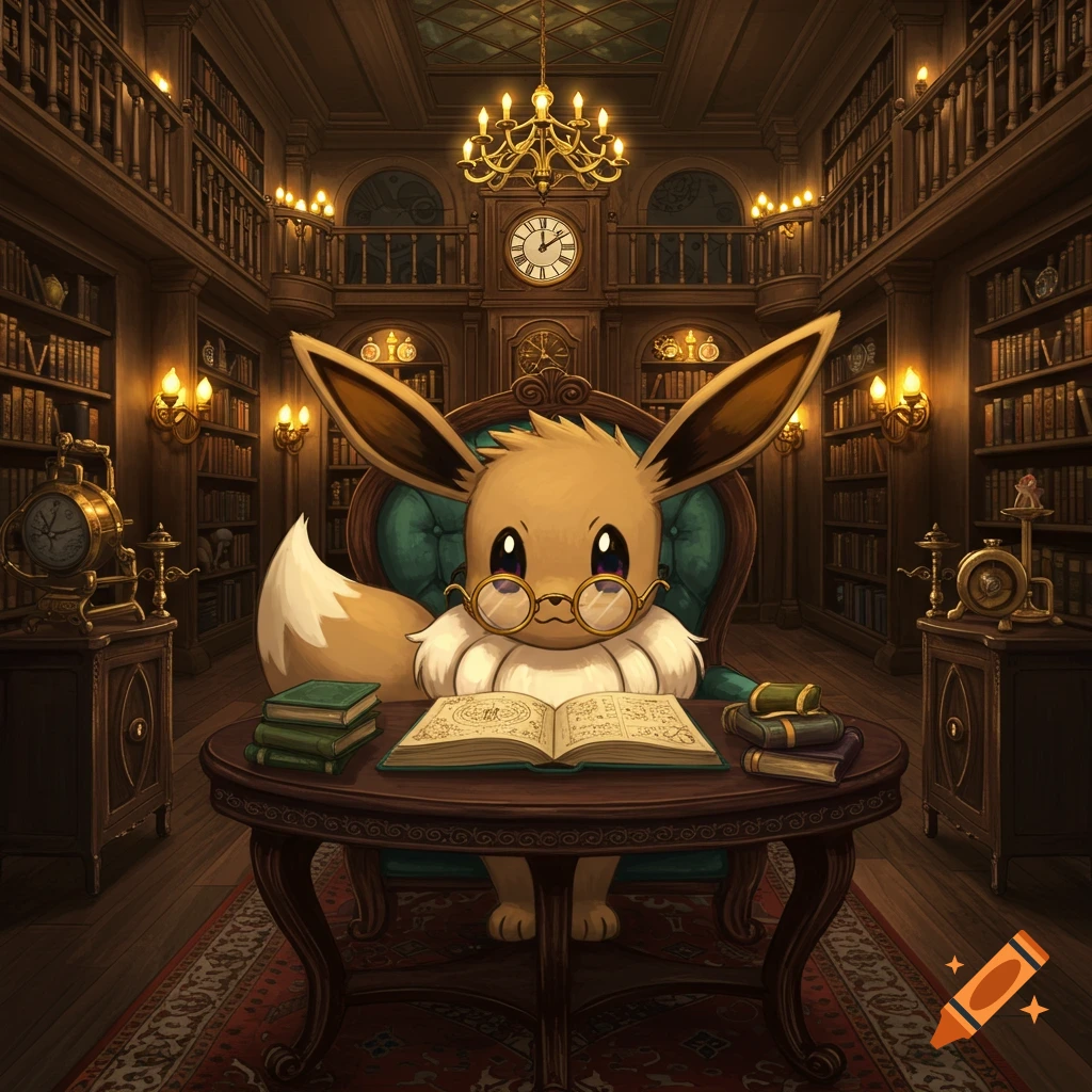 Eevee, wearing glasses, sits at a dark wooden table in a lavish, steampunk-style library, reading an open book.