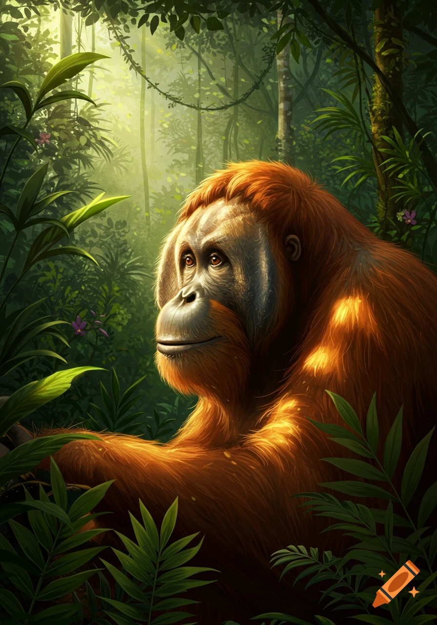 A majestic orangutan in profile, bathed in sunlight filtering through a lush green jungle.