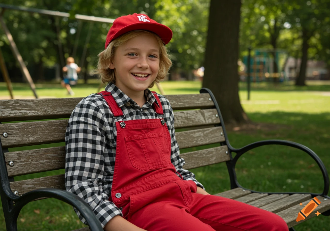 A cheerful boy with blond hair in a red cap, plaid shirt, and red overalls smiles on a park bench.