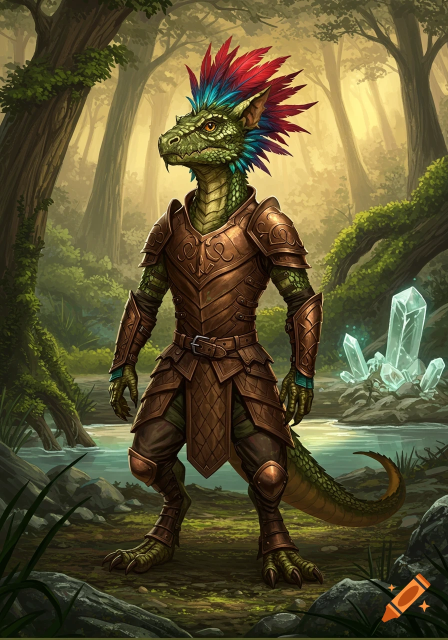 A green reptilian warrior in bronze armor with red and blue head feathers stands in a lush forest by a stream with glowing crystals. Fantasy art.