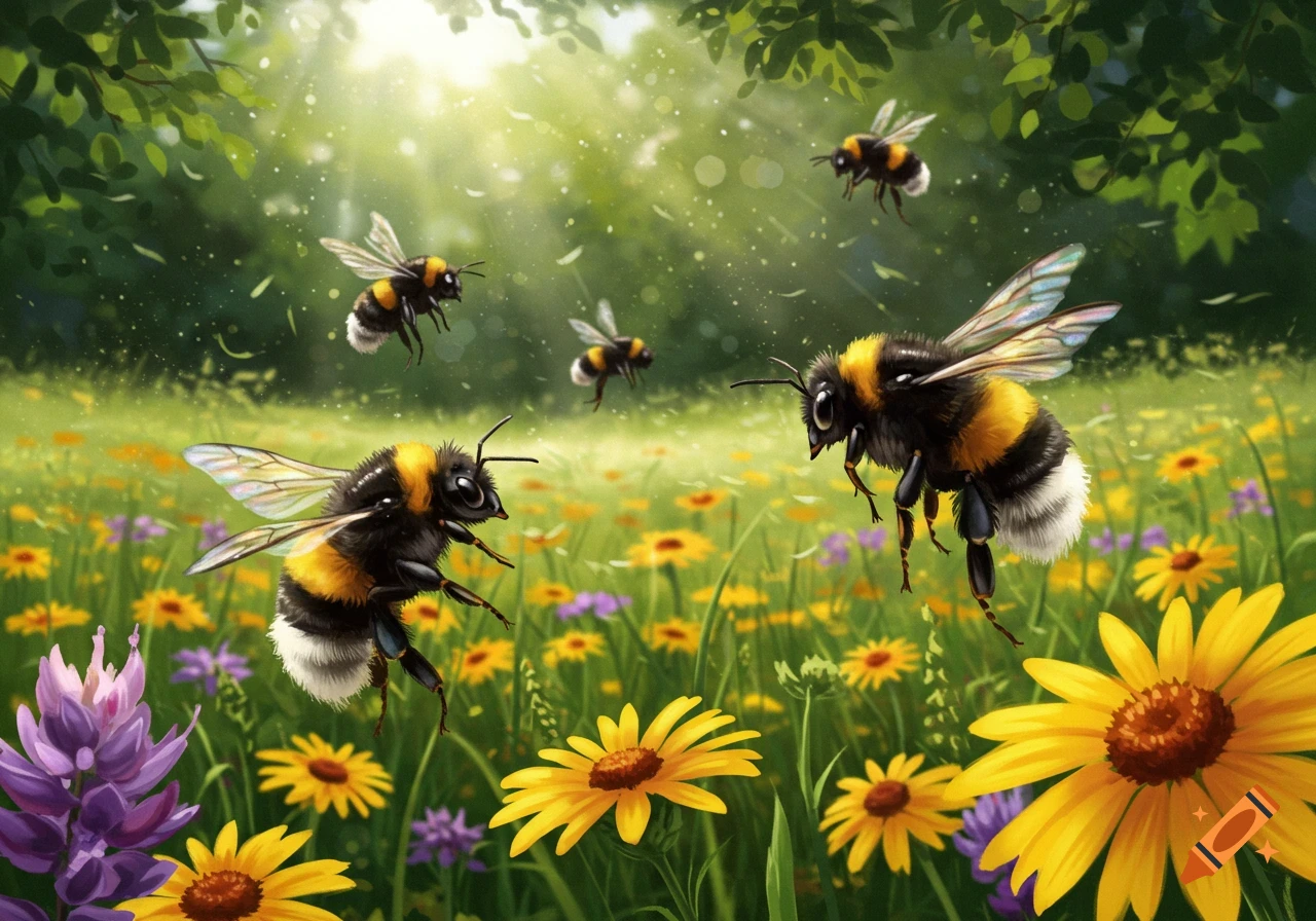 Several fluffy bumblebees fly amidst a vibrant field of yellow and purple wildflowers under bright sunlight.