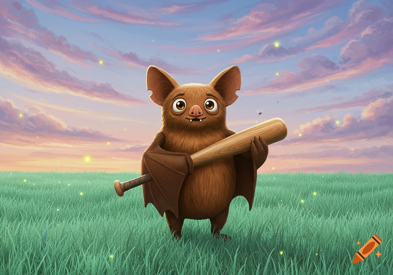 A cute, fluffy brown cartoon bat holds a baseball bat in a grassy field with glowing lights under a pastel sunset sky.